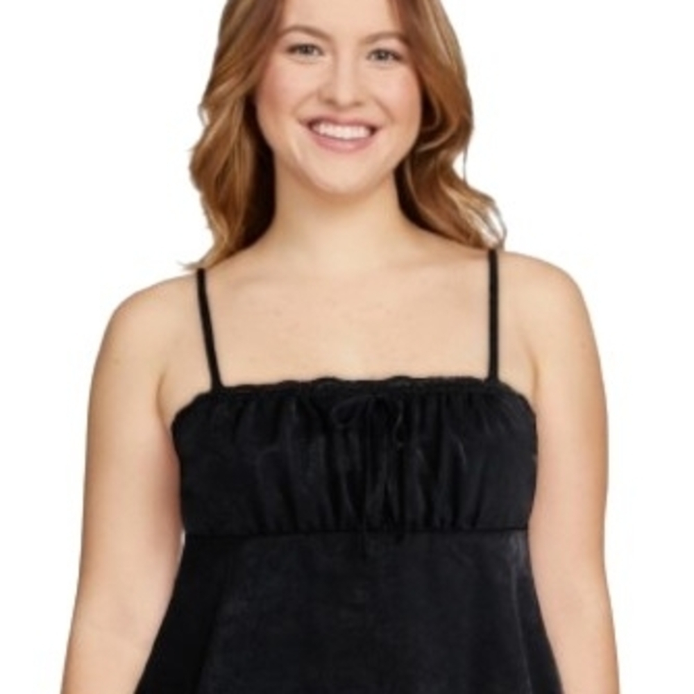 NWT Black Satin Lace Trim Valentine Cami Tie Front Smocked Back Size Large